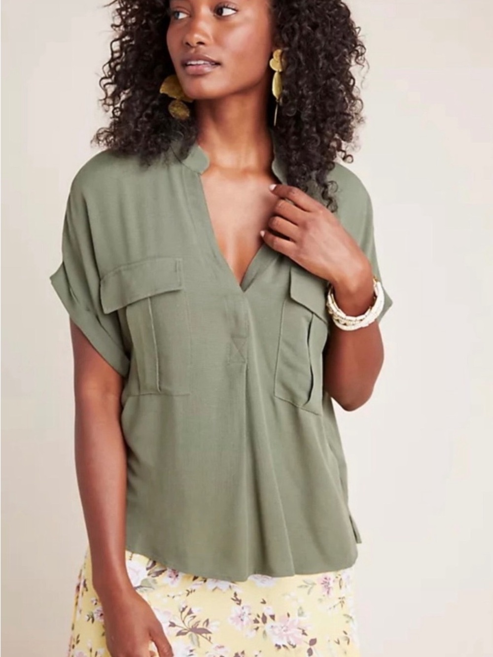 Anthropologie Maeve Olive Green V-Neck Utility Blouse T-Shirt Small